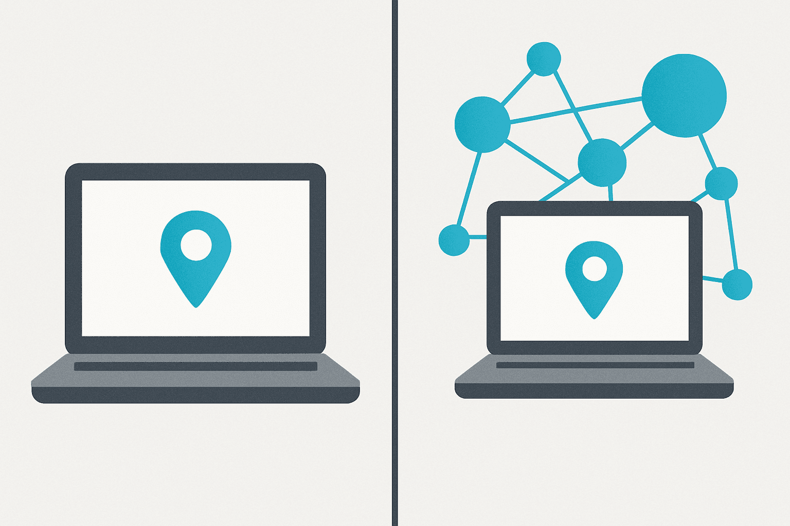 Side-by-side comparison showing asset tracking as single location pin versus asset management as interconnected data network around device