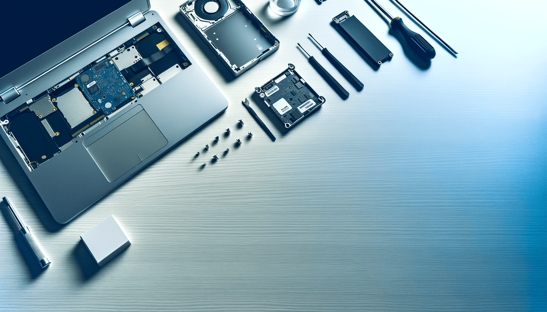 Overhead view of a Chromebook repair workspace with precision tools and replacement parts for K-12 device repair