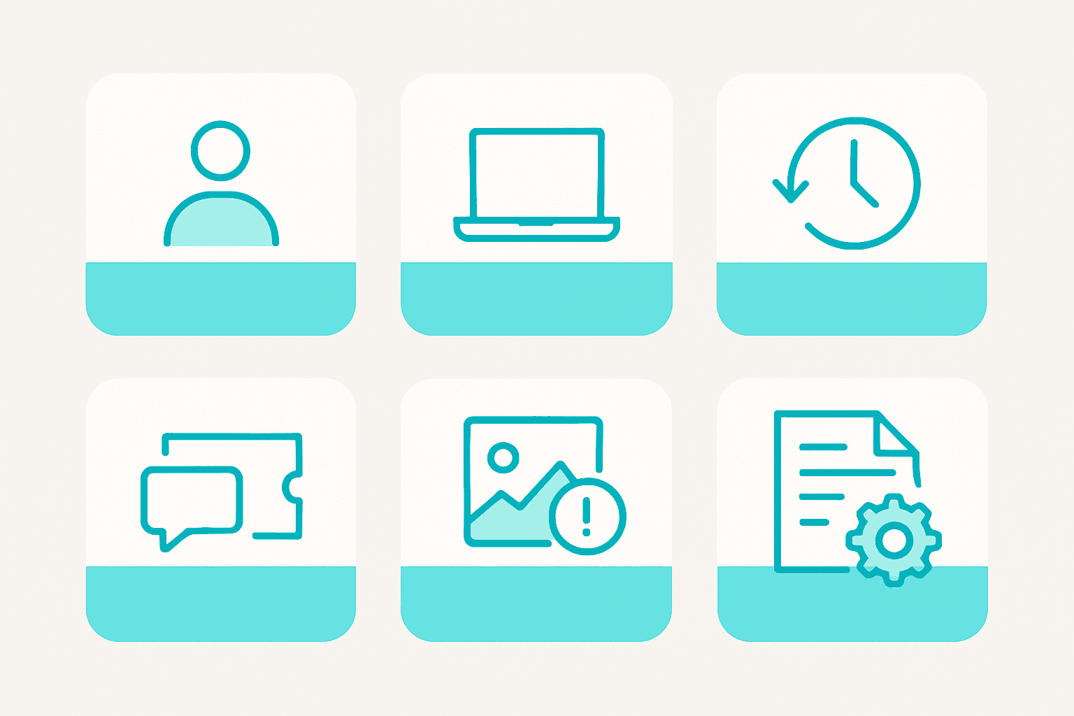 Seven data category icons representing K-12 migration: users, devices, history, tickets, incidents, invoices, and workflows in cyan and flat design style