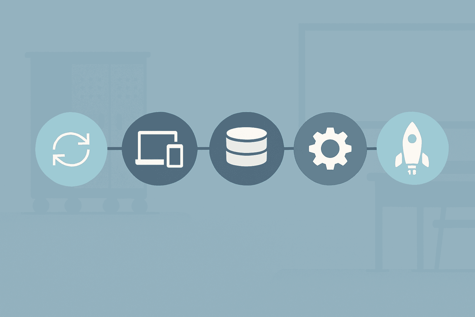 Five-step migration process sequence with abstract icons for SIS sync, device sync, data import, configuration, and go-live