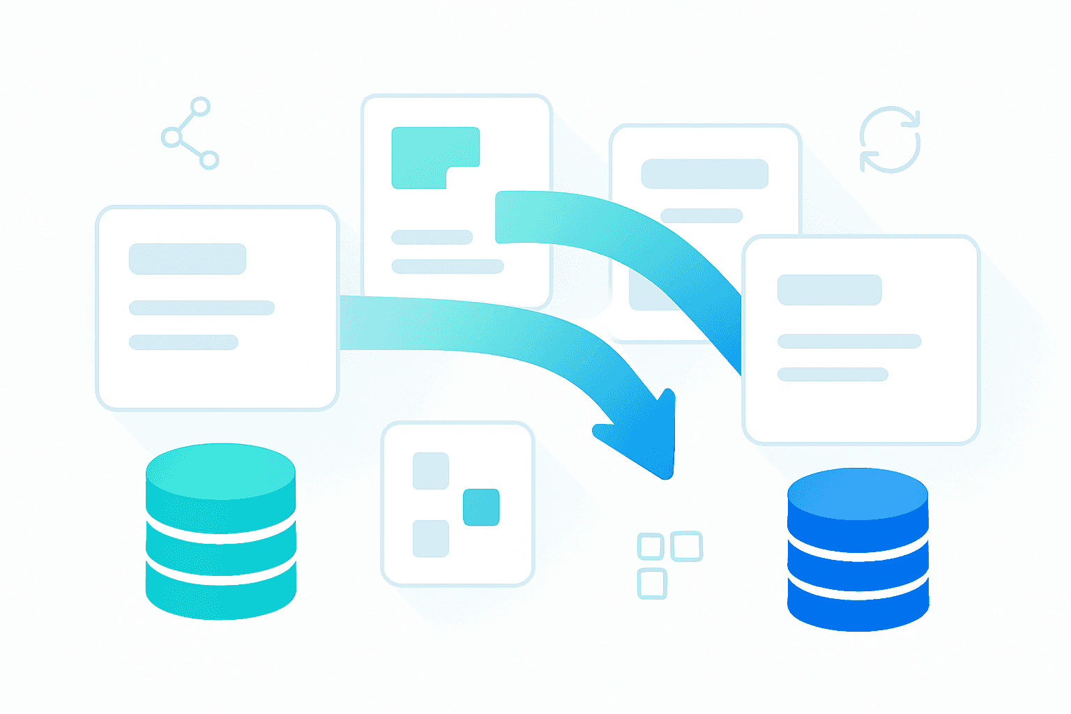 Abstract data migration visualization showing blue and cyan arrows flowing between connected platform icons representing smooth district system transition.