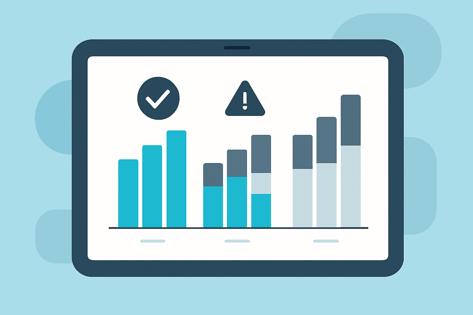 Multi-year historical reporting dashboard on tablet showing 3-year trend chart with cyan accents, checkmarks for complete data, and warning icons highlighting data gaps