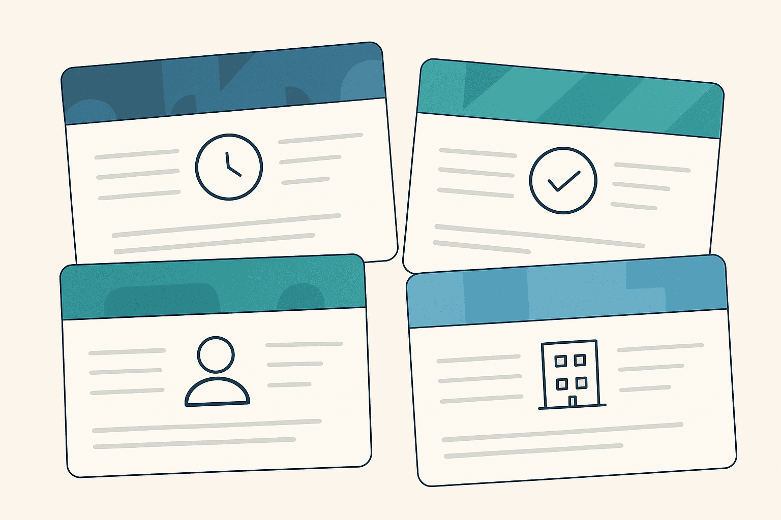 Four layered ticket acknowledgement template cards with blue teal headers and minimalist icons representing different K-12 audience communication styles