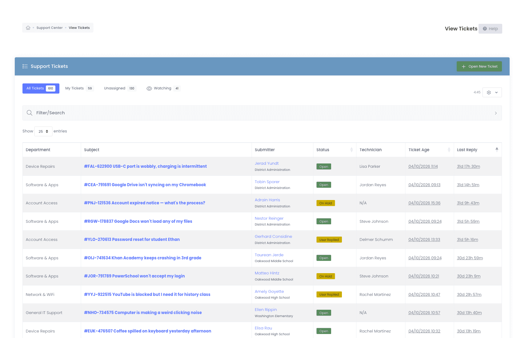 Manage1to1 ticket queue with department filters, status pills, and search