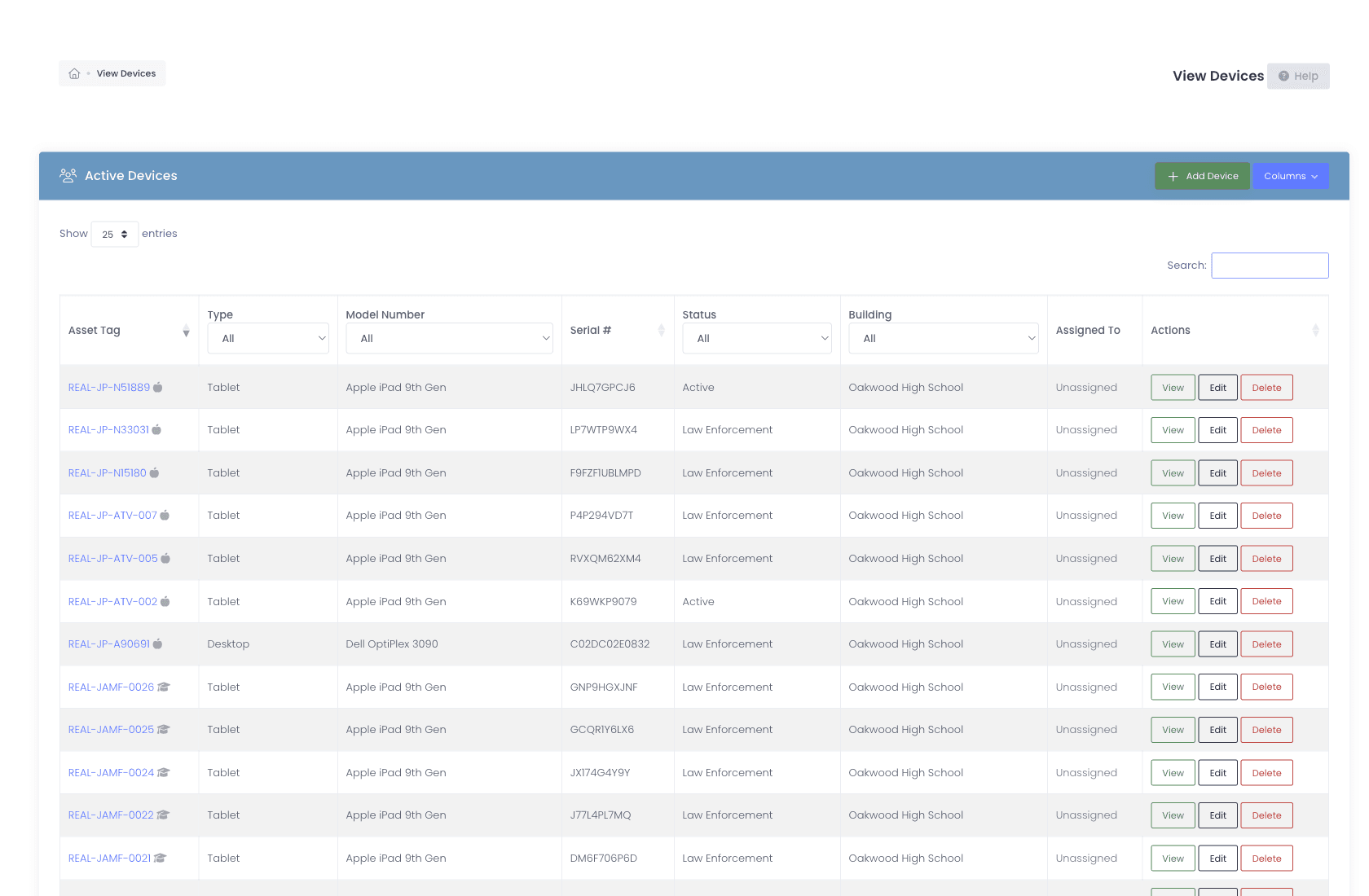 Devices list view with filters by status, asset tag, building, model, and MDM