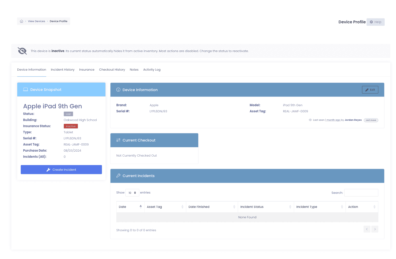 Device profile for an Apple iPad showing checkout history, incidents, insurance, and notes tabs