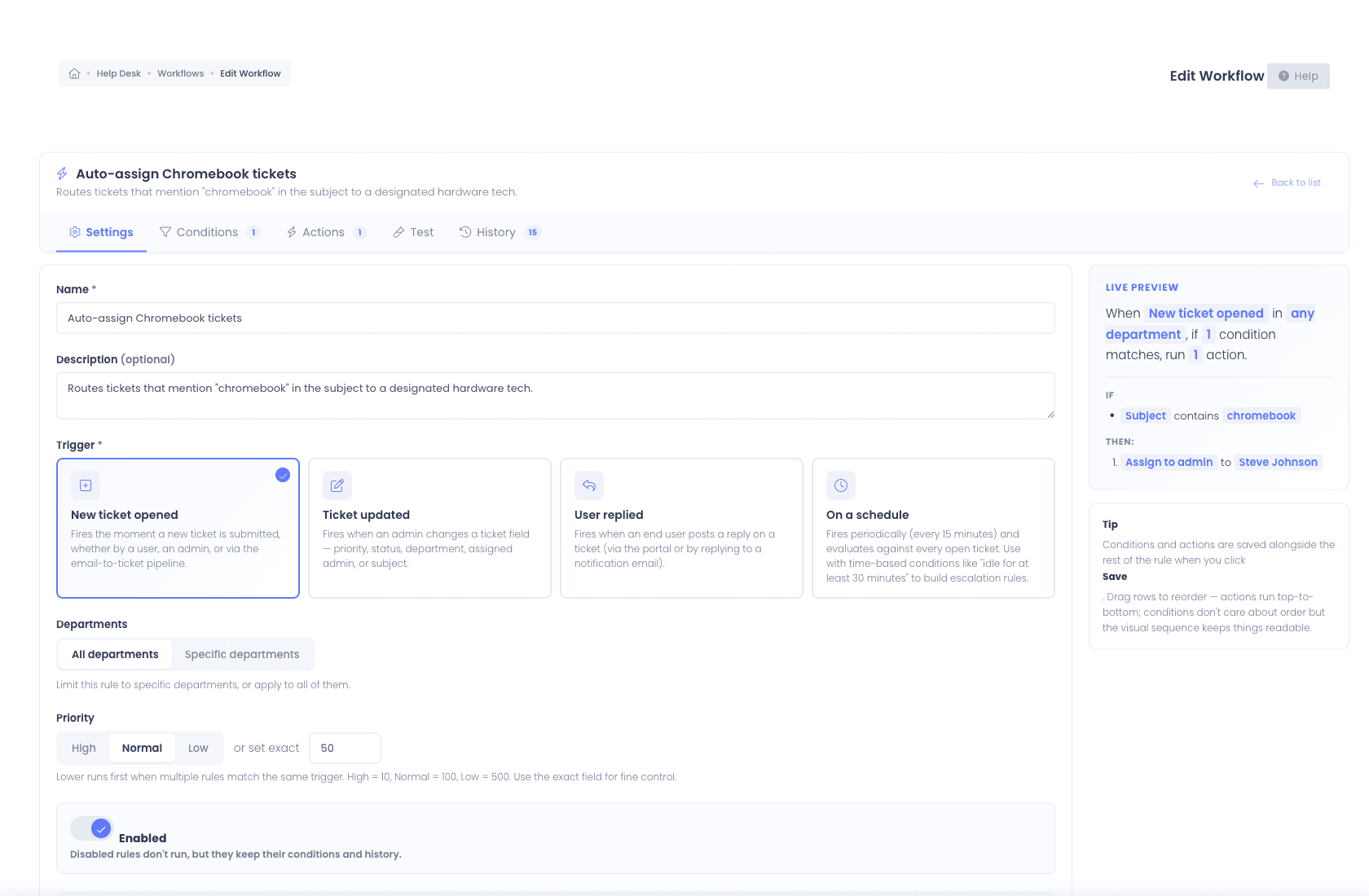 Workflow editor showing trigger options, condition builder, and live preview panel