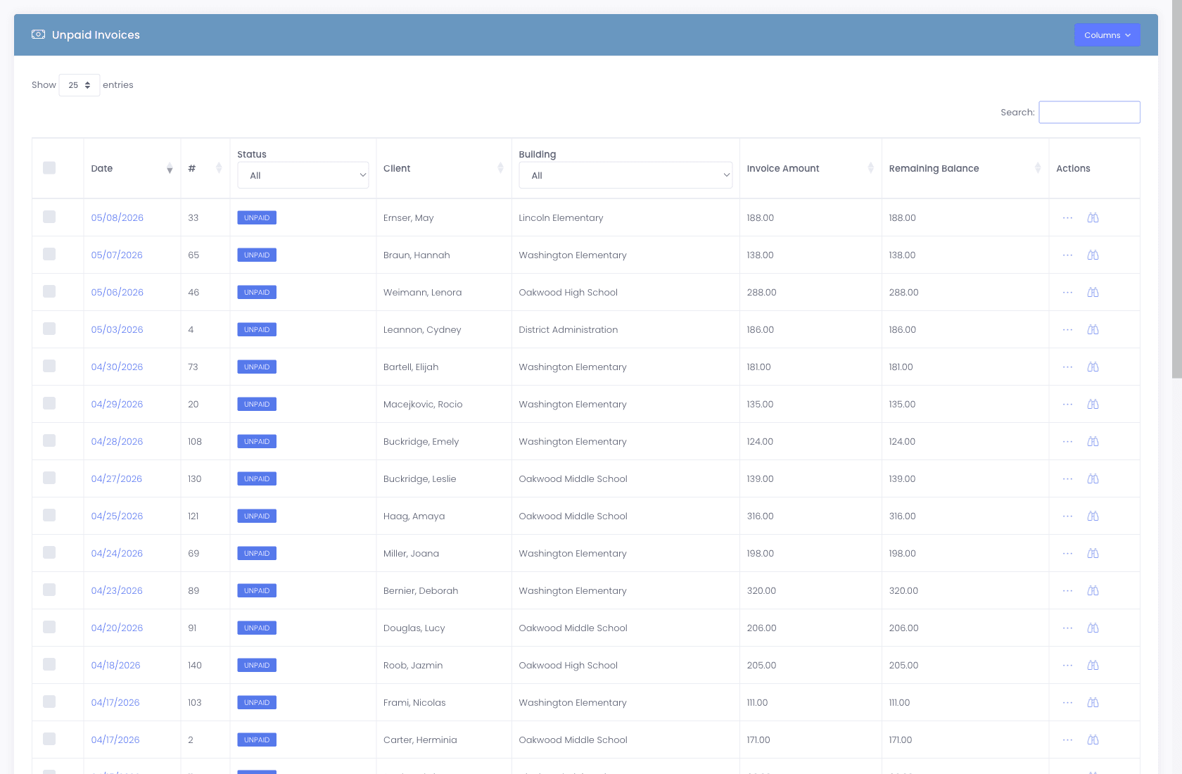 Unpaid Invoices list showing date, status pill, client, building, invoice amount, and remaining balance per invoice