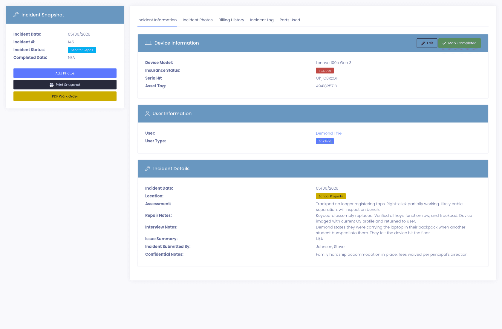 Incident profile showing damage photos, device details, status workflow, and the repair and billing actions available on the record