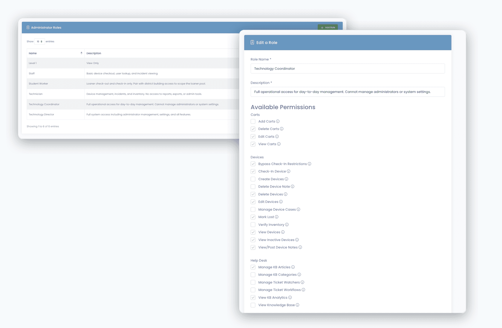 Administrator Roles list (Level 1, Staff, Student Worker, Technician, Technology Coordinator, Technology Director) layered with the Edit Role permission grid showing per-area checkboxes