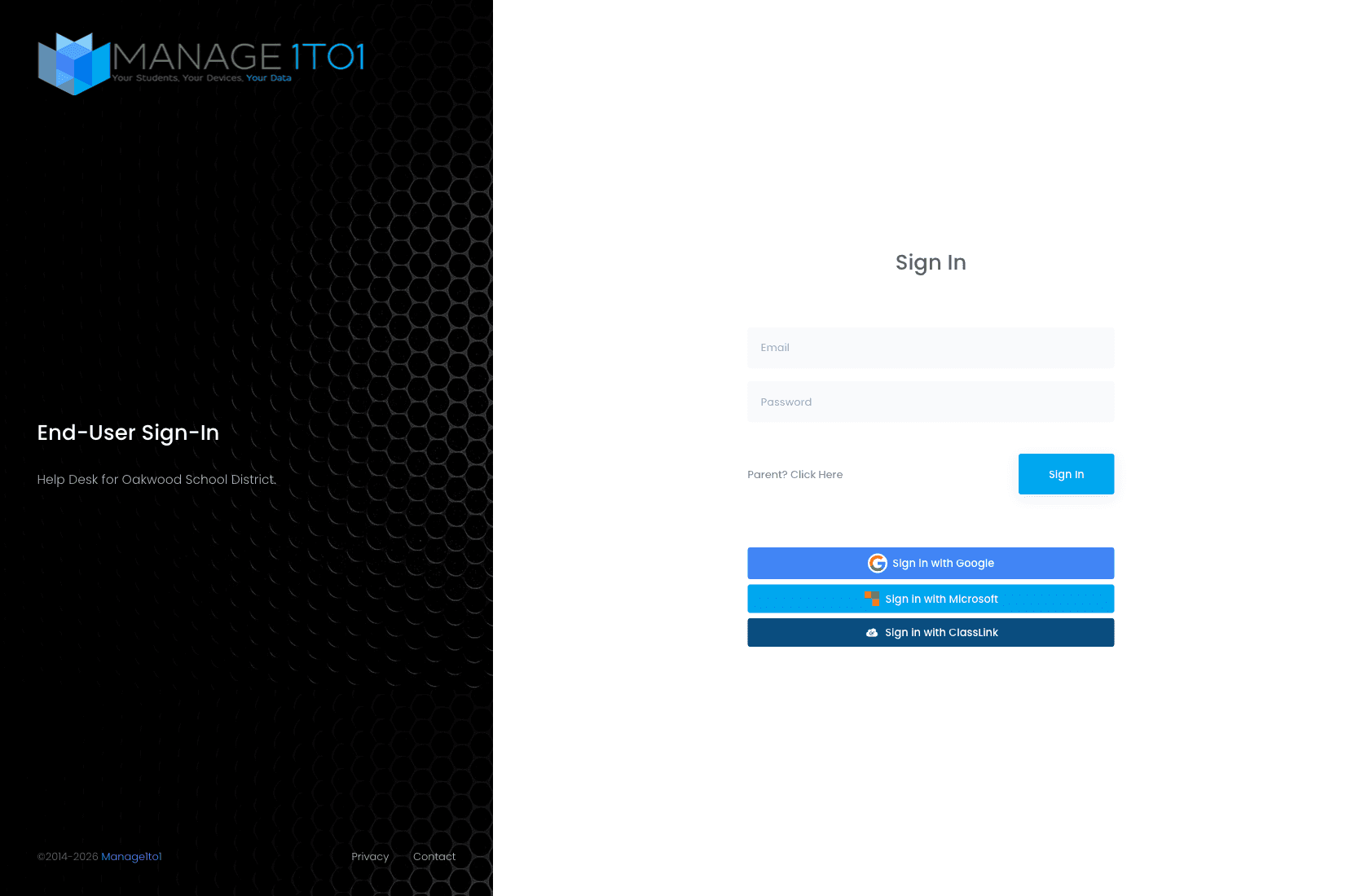 Manage1to1 sign-in page showing Google, Microsoft 365, and ClassLink SSO buttons alongside the email/password form, branded for the district