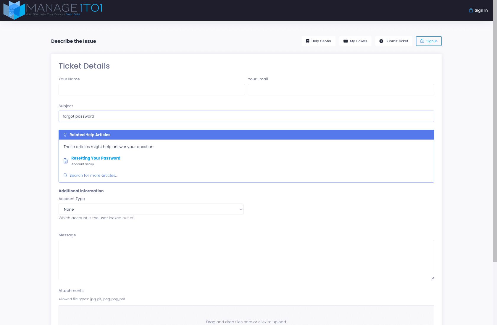 User-facing Submit Ticket form with Subject "forgot password" entered, a "Related Help Articles" cyan callout has appeared inline suggesting "Resetting Your Password" from Account Setup