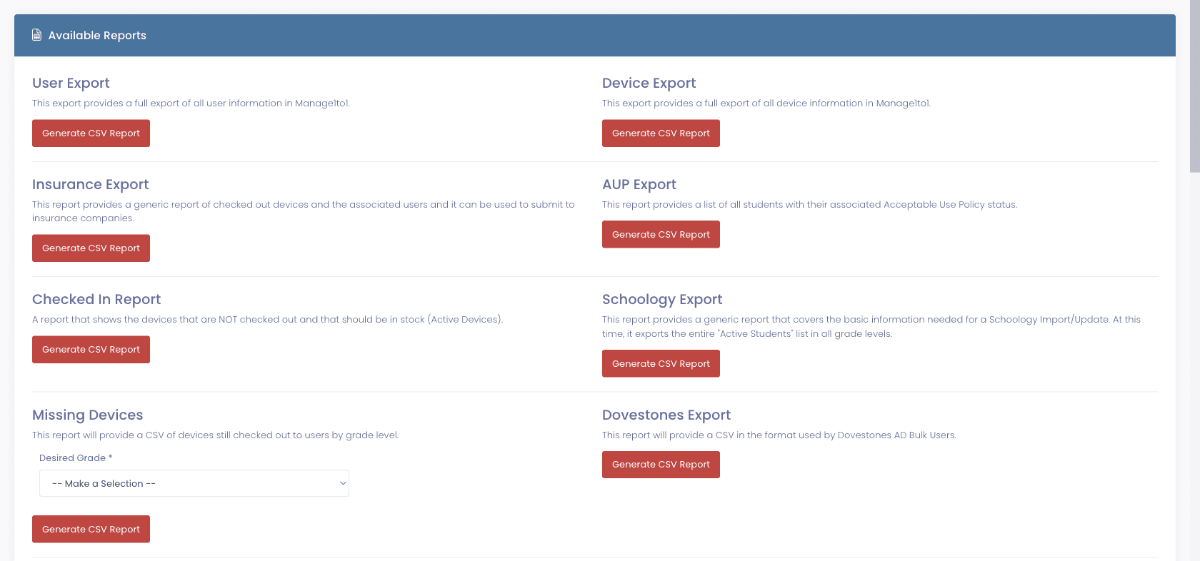 Exports screen listing prebuilt CSV reports including User Export, Device Export, Insurance Export, AUP Export, Checked In Report, Schoology Export, Missing Devices by grade, and Dovestones Export