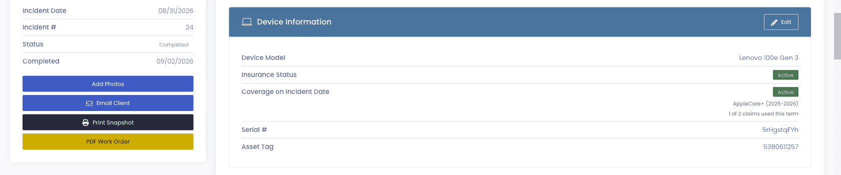 Incident record showing the incident date beside insurance status and coverage on the incident date, both active, with the AppleCare plan term and claims already used against it