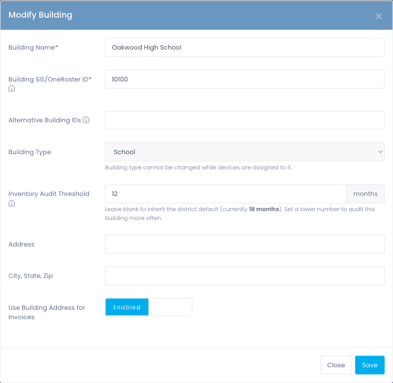 Modify Building modal for Oakwood High School with an Inventory Audit Threshold of 12 months overriding the district default of 18 months, plus the helper text "Leave blank to inherit the district default"