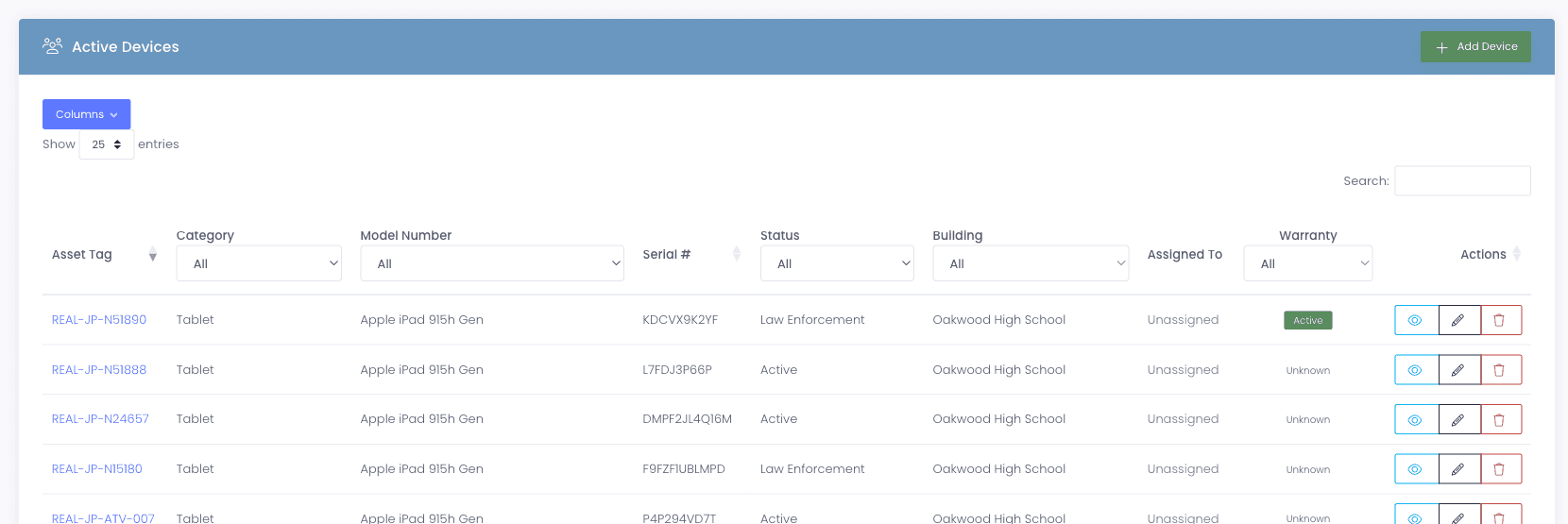 Active Devices list with a dedicated Warranty column showing a green Active badge for one device and Unknown badges for others, plus a Warranty filter dropdown in the column header that filters by All, Active, Expiring Soon, Expired, or Unknown