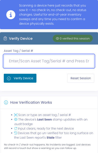 Rapid Verify on a phone-width screen with an asset tag or serial input, a verified-this-session counter, and a panel explaining that scanning records that you saw the device without checking it in or out