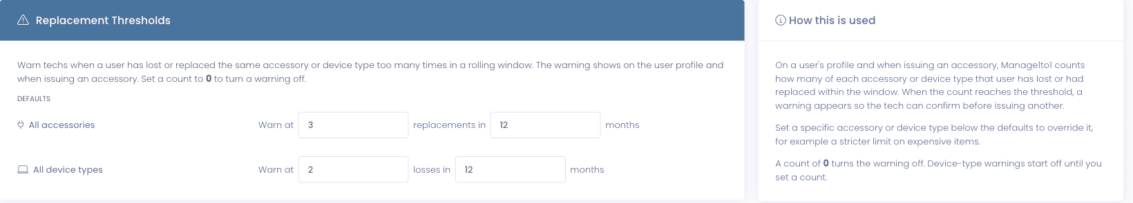 Replacement Thresholds settings warning techs when a user has lost or replaced the same item too many times in a rolling window, with All accessories set to warn at 3 replacements in 12 months and All device types set to warn at 2 losses in 12 months