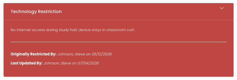 The red Technology Restriction banner showing the restriction note and who originally applied it and last updated it, with dates