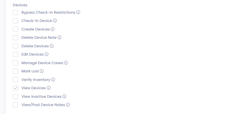 Edit a Role page showing the Devices permission group with Verify Inventory listed as a granular permission alongside Check-In Device, Edit Devices, Mark Lost, View Devices, and other device permissions