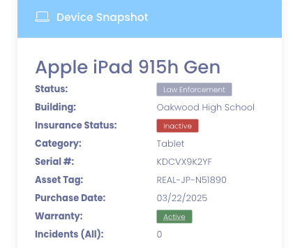 Device Snapshot card on an Apple iPad profile showing the Warranty field with a green Active badge alongside Status, Building, Insurance Status, Category, and Asset Tag