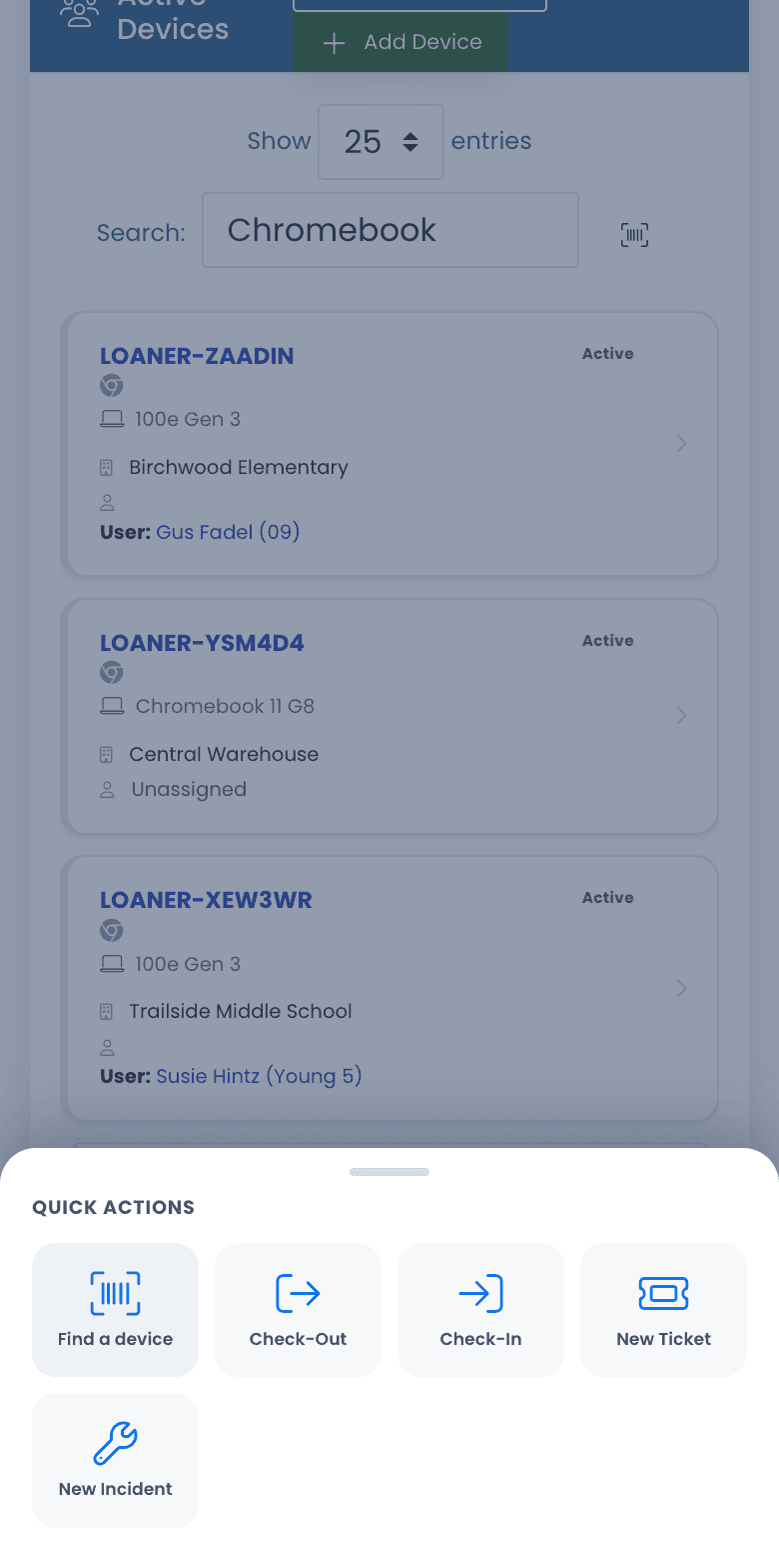 The Quick Actions sheet slid up over the device list, with buttons for Find a device, Check-Out, Check-In, New Ticket, and New Incident