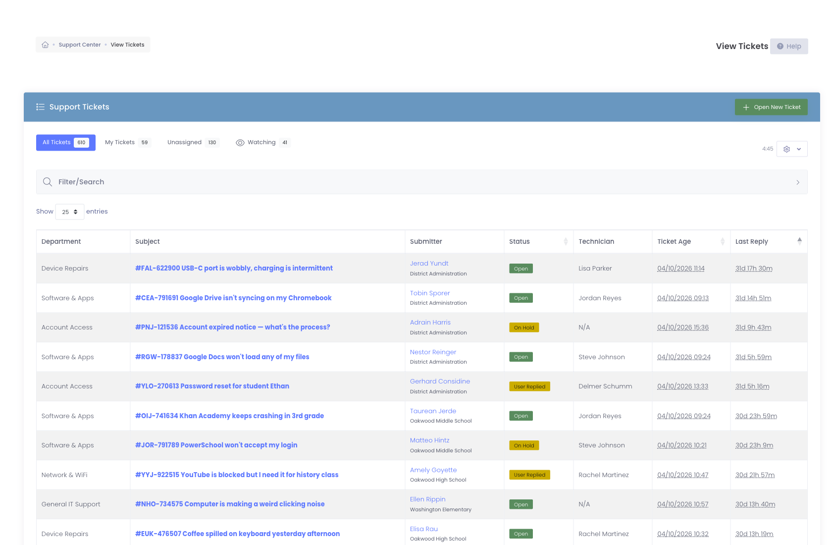 Ticket queue view with status badges, assignees, and inline filters