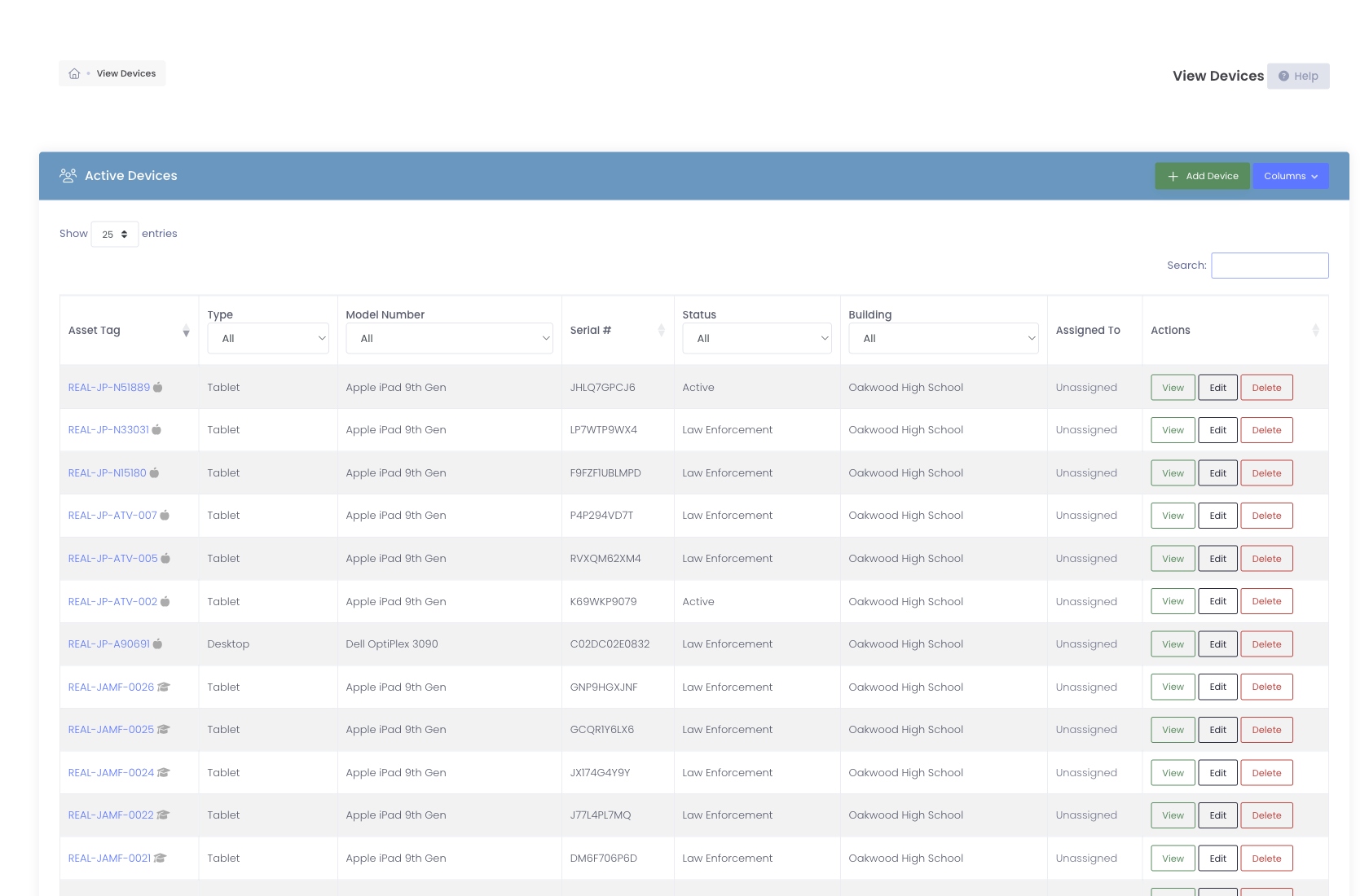 Device inventory table with model, serial, asset tag, and condition columns